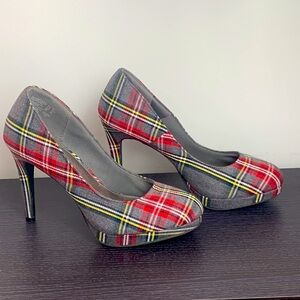 Fioni Sport Plaid Heels Red, Gray and Yellow